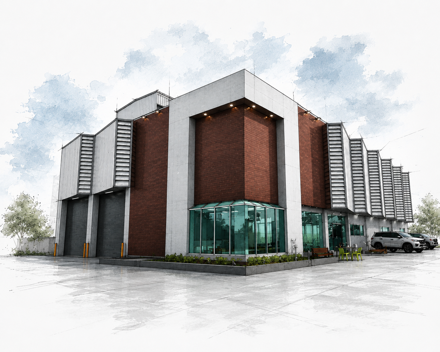 ภาพอาคารโรงงานสไตล์ modern architectural sketch